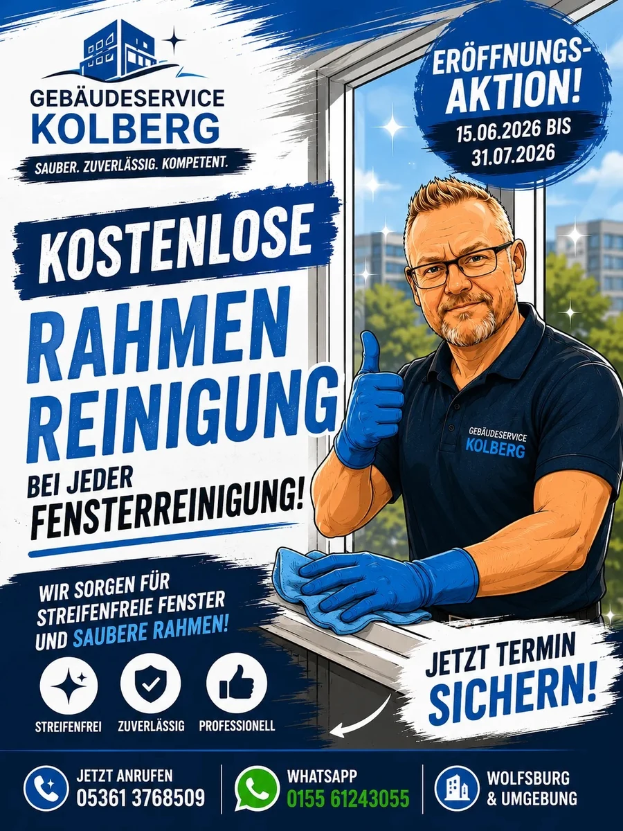 Eröffnungsaktion: kostenlose Rahmenreinigung bei jeder Fensterreinigung, 15.06.2026 bis 31.07.2026 – jetzt Termin sichern.