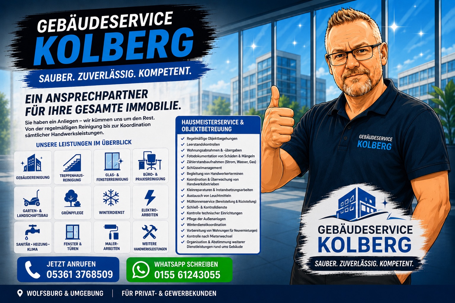 Gebäudeservice Kolberg – ein Ansprechpartner für Ihre gesamte Immobilie in Wolfsburg & Umgebung: Hausmeisterservice, Objektbetreuung, Gebäude-, Glas- und Fensterreinigung, Gartenpflege, Winterdienst und Handwerkskoordination. Sauber, zuverlässig, kompetent. Telefon 05361 3768509, WhatsApp 0155 61243055.