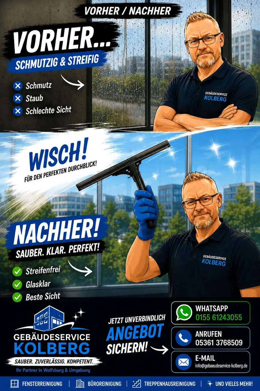 Vorher und Nachher: schmutzige, streifige Fenster werden streifenfrei und glasklar gereinigt – Gebäudeservice Kolberg.